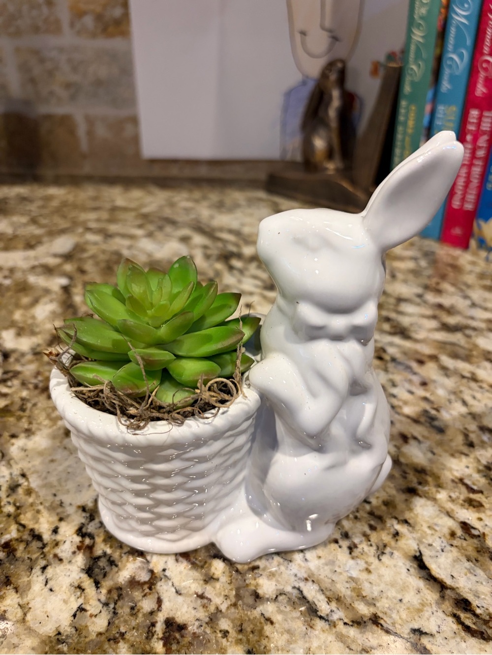 White Ceramic Bunny Planter with Green Succulent Accent
